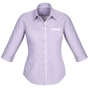 A women's 3/4 sleeve button-up shirt in light purple with a single chest pocket and a logo.