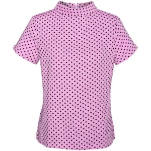 A short sleeve top in pink with black polka dots, featuring a high neck and a logo.