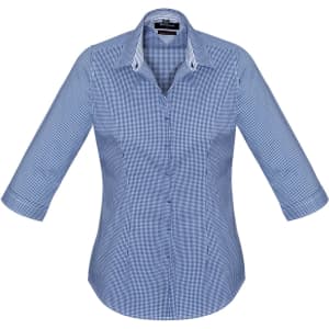 A women's 3/4 sleeve button-up shirt in a blue checkered pattern, featuring a collar and a logo.