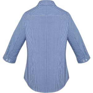 A women's button-up shirt in a blue and white checkered pattern with 3/4 sleeves and a collar, featuring a logo.