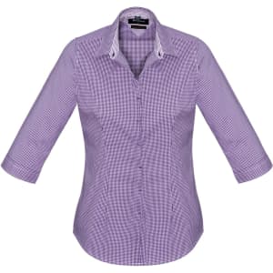 A women's button-up shirt in purple gingham pattern with 3/4 sleeves, featuring a collar and a logo.