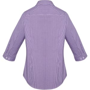 A women's button-up shirt in purple with a checkered pattern and 3/4 sleeves, featuring a logo.