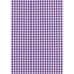 A purple and white gingham pattern fabric, featuring a classic check design. The fabric is suitable for shirts.