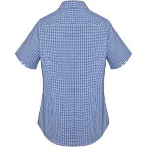 A short-sleeve button-up shirt in a blue checkered pattern with a back yoke and rolled sleeves.