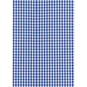 A blue and white gingham patterned fabric, showcasing a classic check design suitable for button-up shirts.