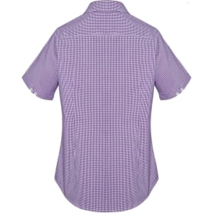 A short-sleeve women's button-up shirt in purple with a checked pattern, featuring a logo on the back.