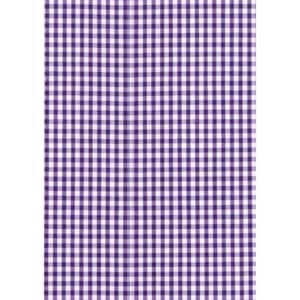 A purple and white gingham fabric pattern featuring a checkered design. The image includes a logo.