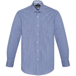 A blue and white checkered long sleeve button-up shirt featuring a chest pocket and a collar.