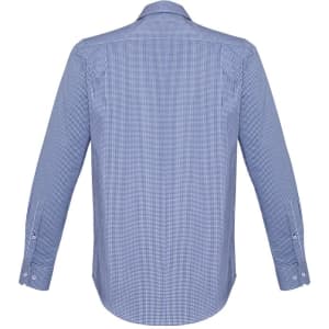 A men's long sleeve button-up shirt in blue and white checkered pattern, featuring a logo on the back.