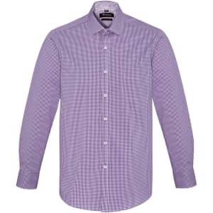 A lilac check patterned long sleeve button-up shirt with a collar and front buttons, featuring a branding logo.