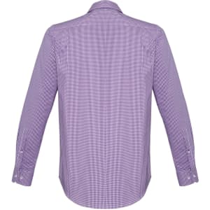 A long sleeve, button-up shirt in a purple checkered pattern. The back view features a subtle logo.