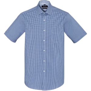 A short-sleeve button-up shirt in blue and white check pattern with a collar and logo.
