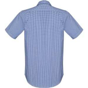A short sleeve button-up shirt in blue with a checkered pattern, featuring a rear view design.