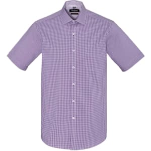 A short sleeve button-up shirt in a light purple check pattern, featuring a collar and front buttons.