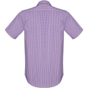 A short-sleeve men's button-up shirt in purple with a checkered pattern and a logo on the back.