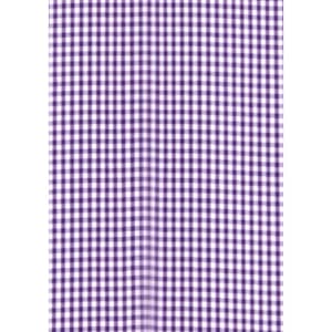 A purple and white gingham patterned fabric, suitable for a men's short sleeve button-up shirt. Features a logo.