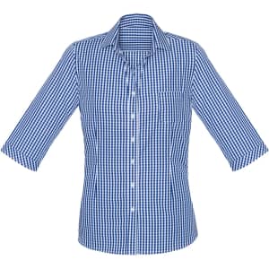 A blue and white checkered women's shirt with a 3/4 sleeve and a pocket on the left chest. It has a collar and buttons.