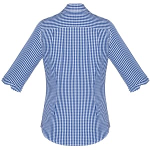 A blue and white checkered women's button-up shirt featuring 3/4 sleeves and a back yoke with a logo.