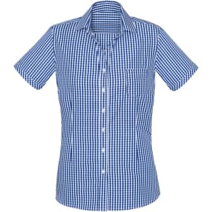 A short-sleeve women's shirt in blue and white gingham check pattern, featuring a button-up front and a chest pocket.