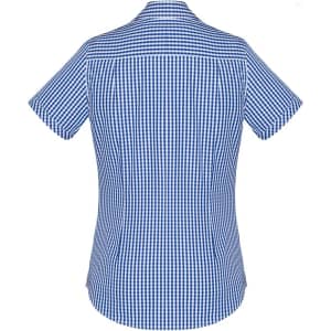 A women's short sleeve shirt in blue and white gingham pattern, featuring a button-up design. The shirt has a logo.