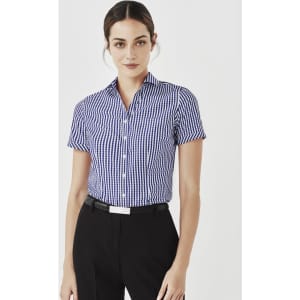 A short sleeve button-up shirt in blue and white checkered pattern with a fitted design and a logo detail.
