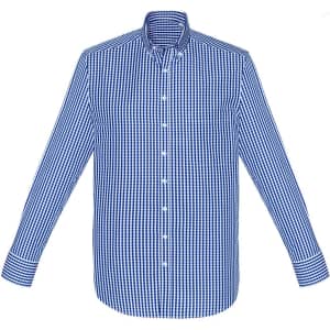 A blue and white checked long sleeve button-up shirt with a collar and cuffs, featuring branding on the chest.