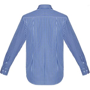 A long sleeve button-up shirt featuring a blue and white checked pattern, with a visible logo.