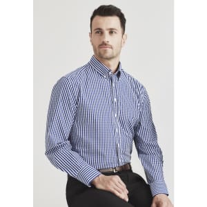 A long sleeve, button-up shirt in blue and white gingham pattern, with a collar and button closure. Features a logo.