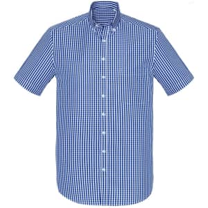 A blue and white checkered short sleeve button-up shirt with a collar and front buttons, featuring a logo.