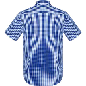 A short-sleeve button-up shirt in blue and white gingham check pattern, featuring a collar and back yoke with a brand logo.