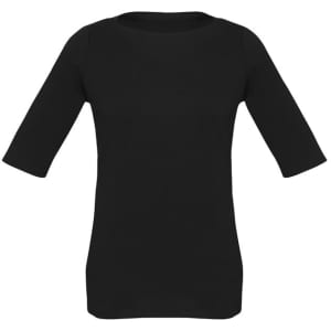 A black women's short sleeve T-top with a round neckline and three-quarter length sleeves. Features a branded logo.