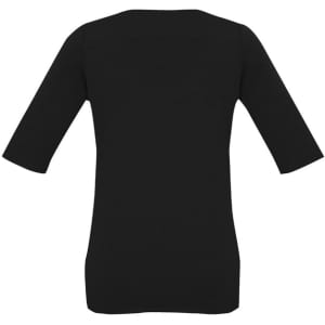 A black women's t-shirt with short sleeves and a simple design, featuring a logo on the back.