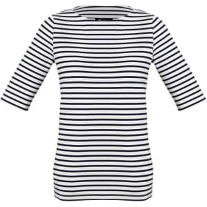 A women's short sleeve T-shirt in navy and white stripes, featuring a round neckline and an attached logo.
