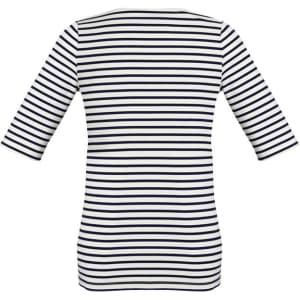 A women's short sleeve T-top in navy and white stripes, featuring a fitted design and a logo.