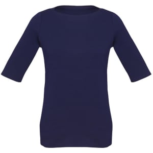 A navy women's T-shirt with short sleeves and a fitted design, featuring a branding logo.
