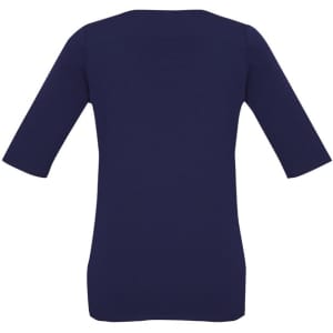 A navy blue women's T-shirt with short sleeves and a fitted design. It features a branding logo on the back.