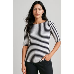 A striped short sleeve T-shirt in navy and white, featuring a boat neckline and a slim fit.