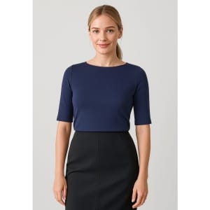 A navy short sleeve women's T-shirt with a round neckline, worn with a black skirt. The shirt features a subtle logo.