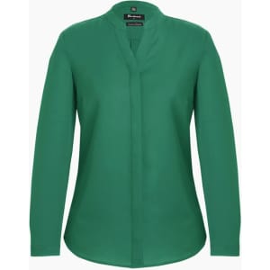 A green long sleeve blouse with a button-up front and a collar. The blouse features a logo on the tag.