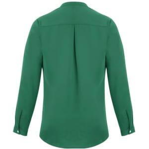 A green long sleeve blouse with a button-up neckline and a pleat detail at the back. Features a logo on the fabric.