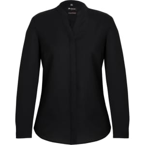 A black long sleeve blouse with a button-up front and a collar, featuring a logo on the neckline.