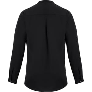 A black long sleeve blouse with a button-up design and a smooth finish. It features a back pleat for added detail.