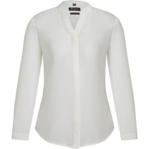 A white long sleeve blouse with a button-up front and a collarless design, featuring a logo.