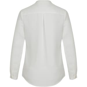 A white long sleeve blouse with a button-up design and a back pleat, featuring a subtle branding logo.