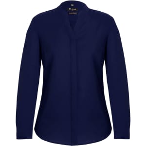 A navy blue women's long sleeve blouse with a button-up design and a collarless neckline.