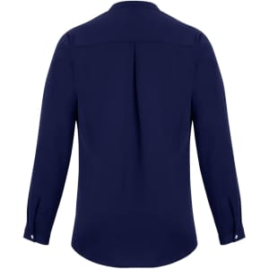 A navy blue women's long sleeve blouse with a button-up design and a back pleat.