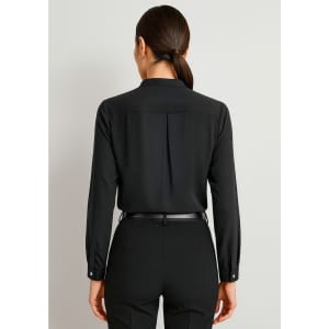 A black long sleeve blouse featuring a button-up design and a pleat detail at the back.