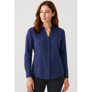 A navy long sleeve blouse with a v-neck and button-up design, featuring a sleek, fitted silhouette.