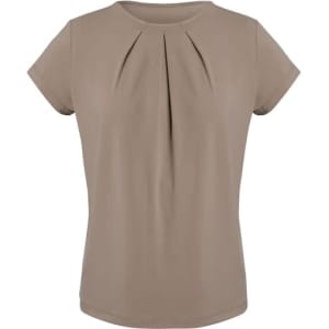 A short-sleeve women's top in a light beige colour with pleated detailing at the front. It features a logo.