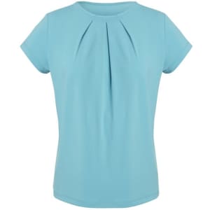 A light blue short sleeve top with pleat detailing and a round neckline. It features a logo on the design.
